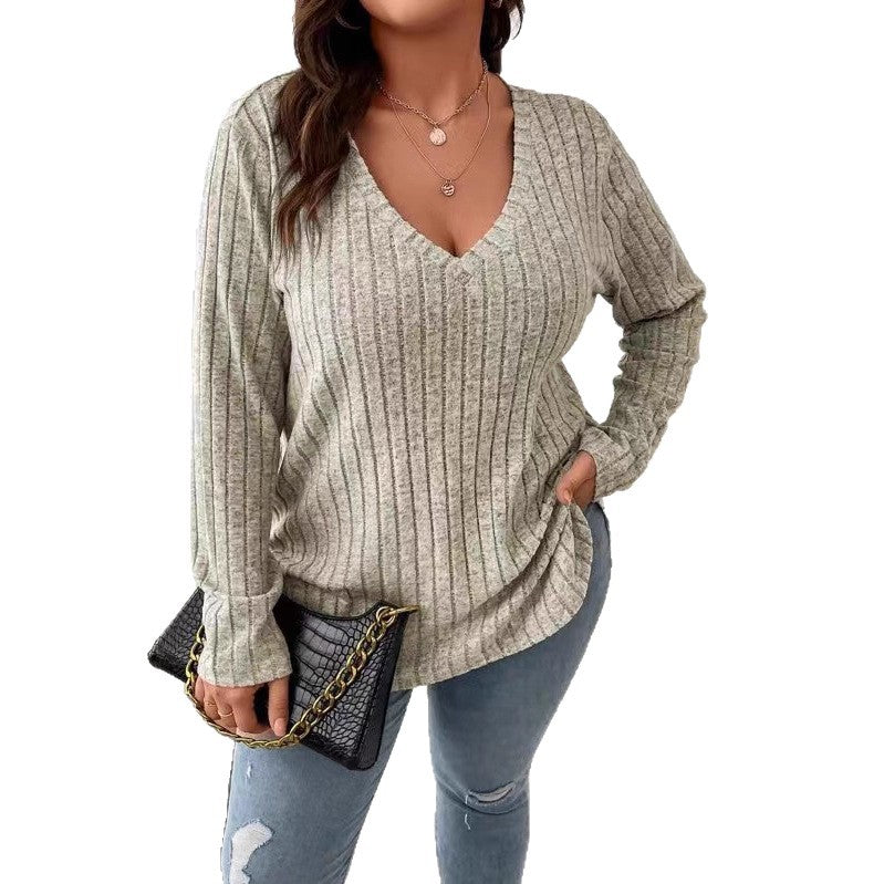 Damen Langarm V-Ausschnitt Shirt mit feiner Rippstruktur Drune