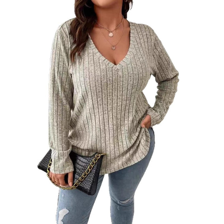 Damen Langarm V-Ausschnitt Shirt mit feiner Rippstruktur Drune