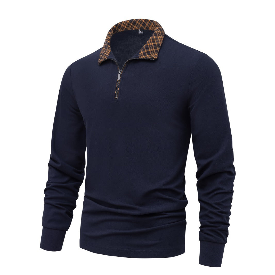 Herren Langarm-Halfzip-Pullover mit Troyerkragen und kariertem Innenkragen Drune
