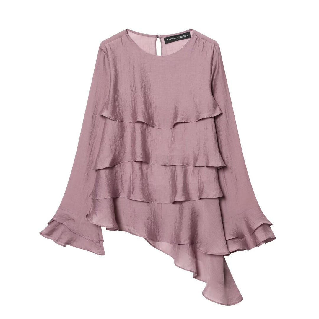 Damen 50+ mehrlagige Volant‑Bluse mit asymmetrischem Saum und Glockenärmeln Drune