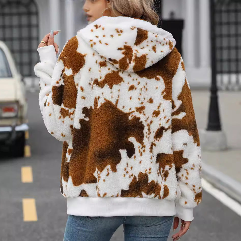 Damen Plüschjacke mit tierischem Muster und praktischen Taschen Drune