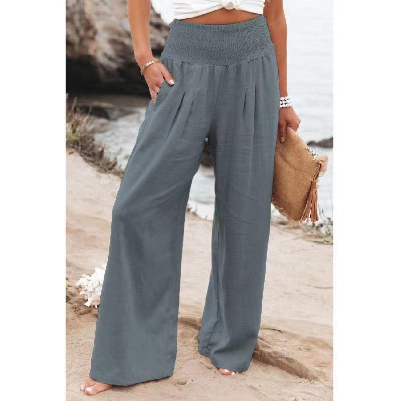Damen weite Leinenhose mit elastischem Taillenbund und seitlichen Falten Drune