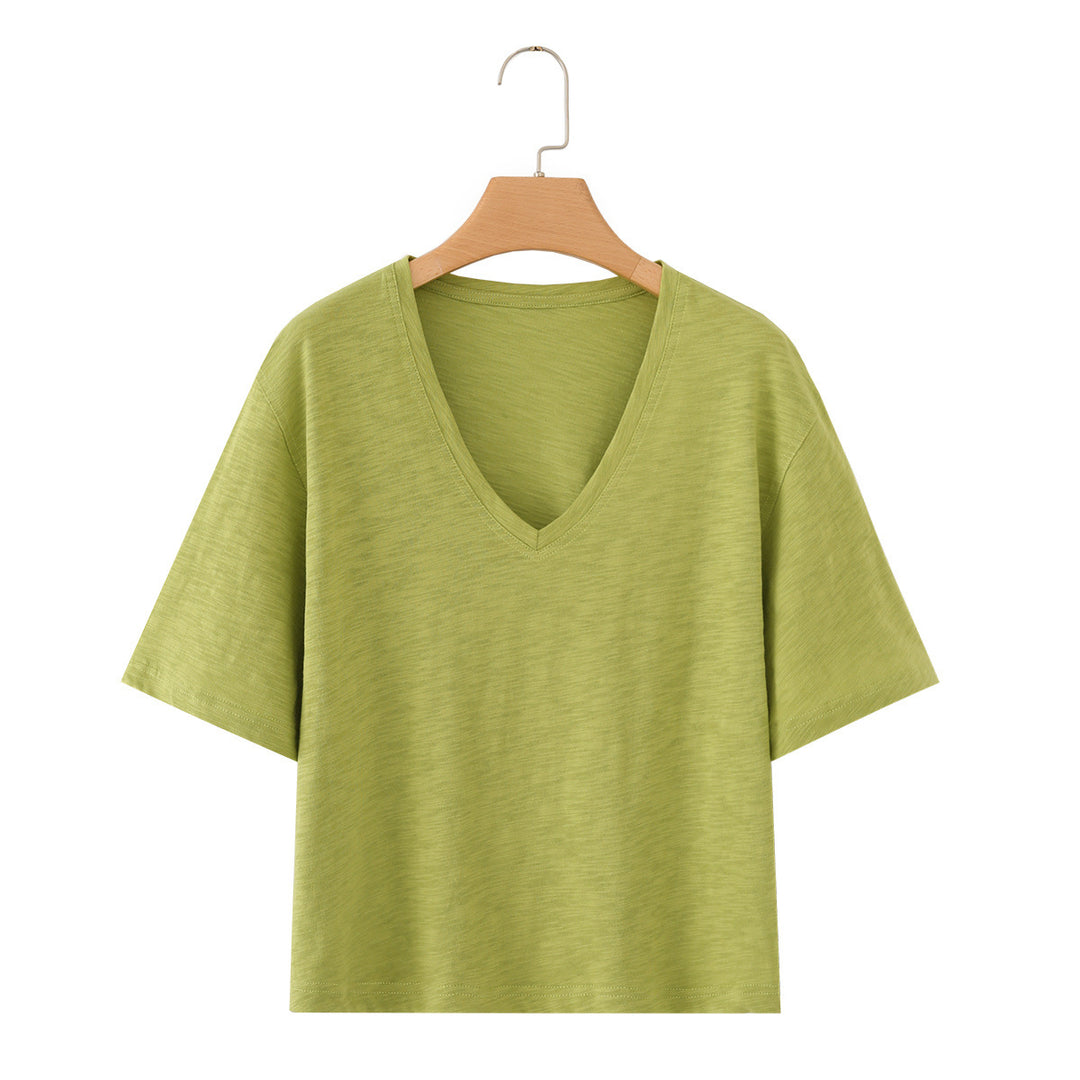 Damen V-Ausschnitt T-Shirt aus hochwertiger Baumwolle mit lässigem Schnitt Drune