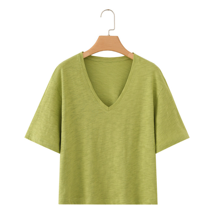 Damen V-Ausschnitt T-Shirt aus hochwertiger Baumwolle mit lässigem Schnitt Drune