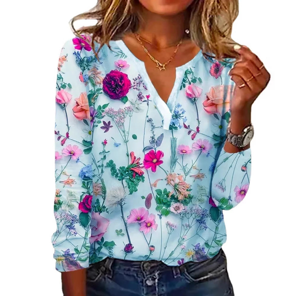 Damen Floral Lange Bluse im Chiffon-Look mit V-Schlitz und Lässiger Silhouette Drune