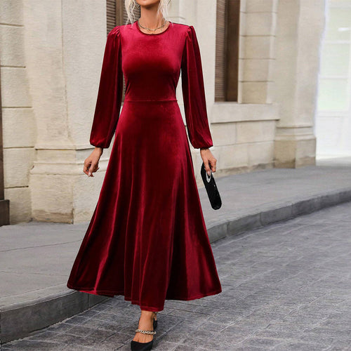 Damen elegantes Samt-Maxikleid mit taillierter Corsage, langen Ballonärmeln und fließender A-Linien-Rock Drune