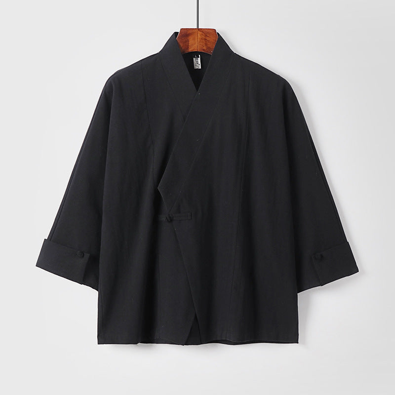 Herren Leinen-Kimono-Jacke mit traditionellem Knotenverschluss und mittel-langen Ärmeln Drune