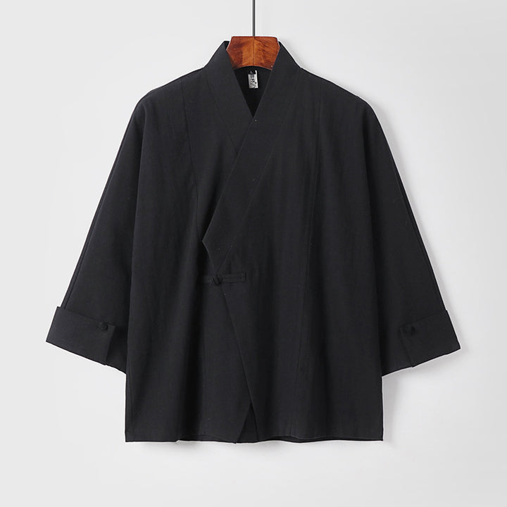 Herren Leinen-Kimono-Jacke mit traditionellem Knotenverschluss und mittel-langen Ärmeln Drune