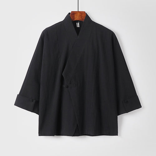 Herren Leinen-Kimono-Jacke mit traditionellem Knotenverschluss und mittel-langen Ärmeln Drune