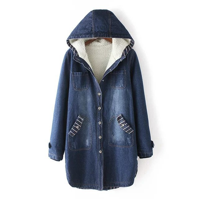 Damen nan gefütterter Denim Parka mit Teddyfutter, Kapuze und aufgesetzten Taschen Drune
