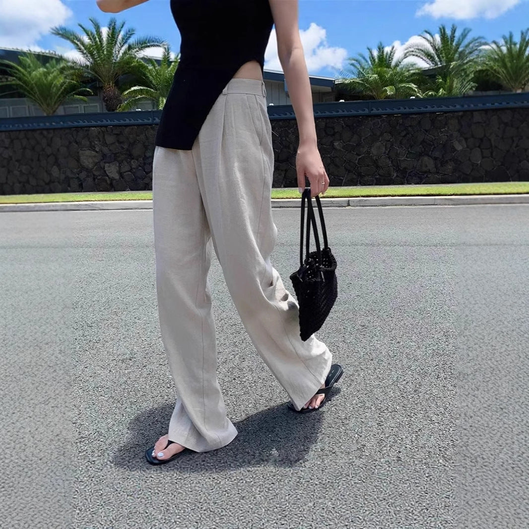 Damen Weite Leinenmix-Hose mit hoher Taille, Bügelfalte und Eingrifftaschen Drune