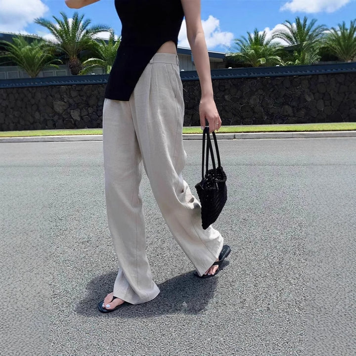 Damen Weite Leinenmix-Hose mit hoher Taille, Bügelfalte und Eingrifftaschen Drune