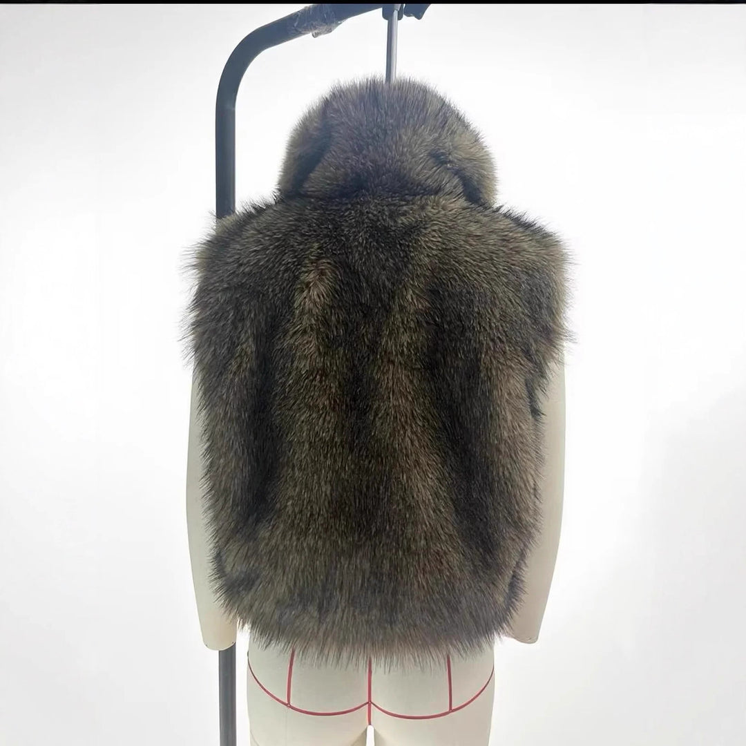 Damen nan luxuriöse Kunstfell-Weste mit voluminösem Schalkragen und verkürzter Silhouette Drune