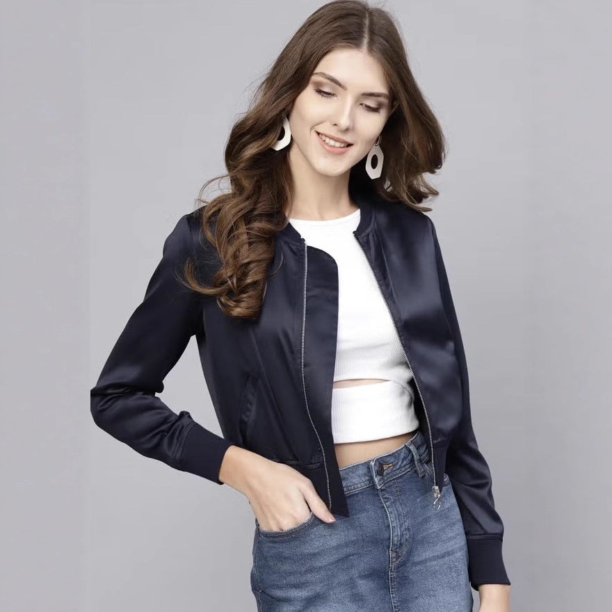 Damen Kurze Satin-Bomberjacke mit Reißverschluss, Rippbündchen und Eingrifftaschen Drune