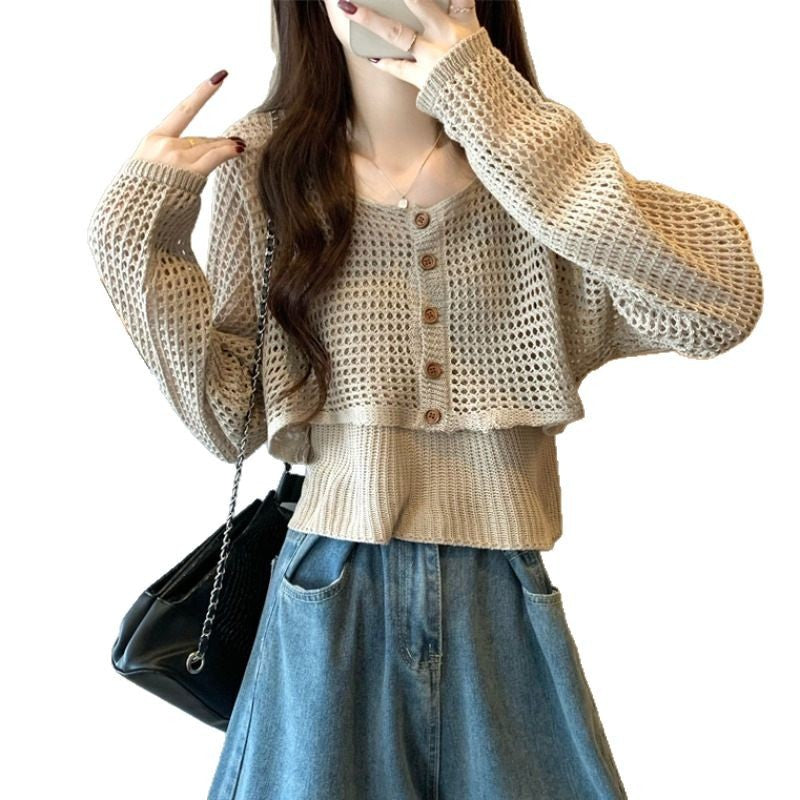 Damen lässige Strickjacke mit Netzmuster und Knopfverschluss Drune