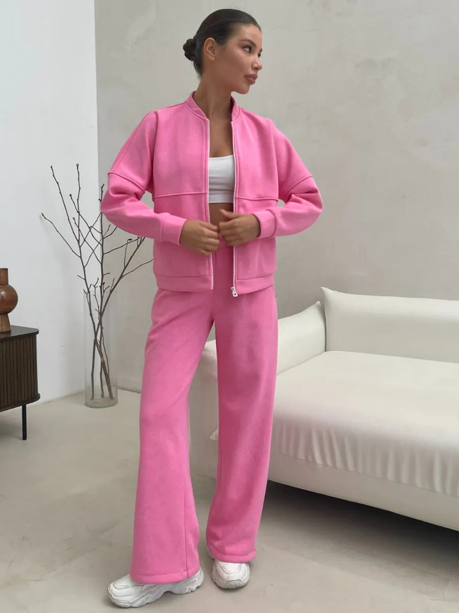 Damen Zweiteiliges Loungewear-Set mit kurzem Bomber-Zip und weiter hochgeschnittener Jogginghose Drune