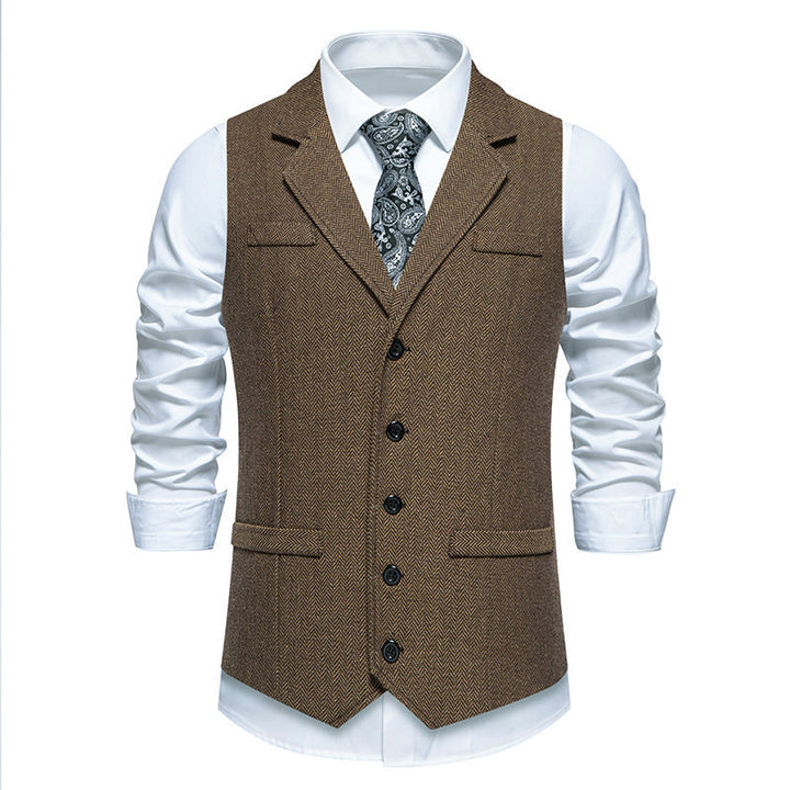 Herren Tweed-Weste mit Fischgrätmuster, Reverskragen und Pattentaschen Drune