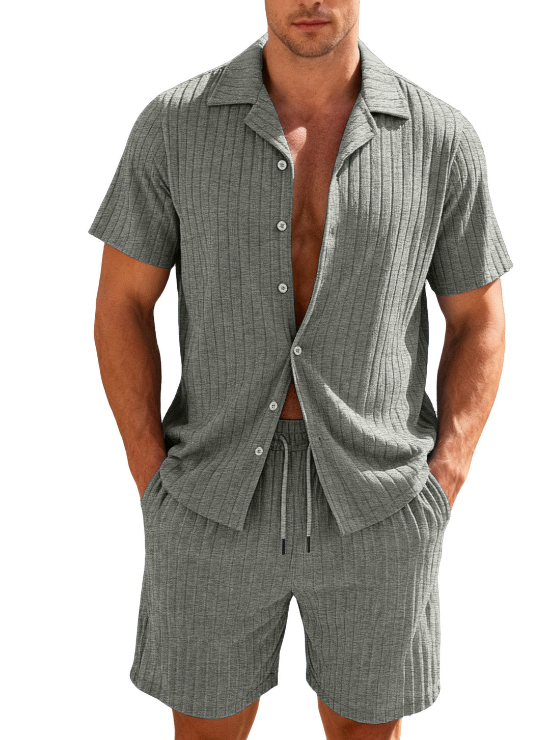 Herren nan geripptes Feinstrick-Lounge-Set mit kurzärmligem Revershemd und Kordelshorts Drune