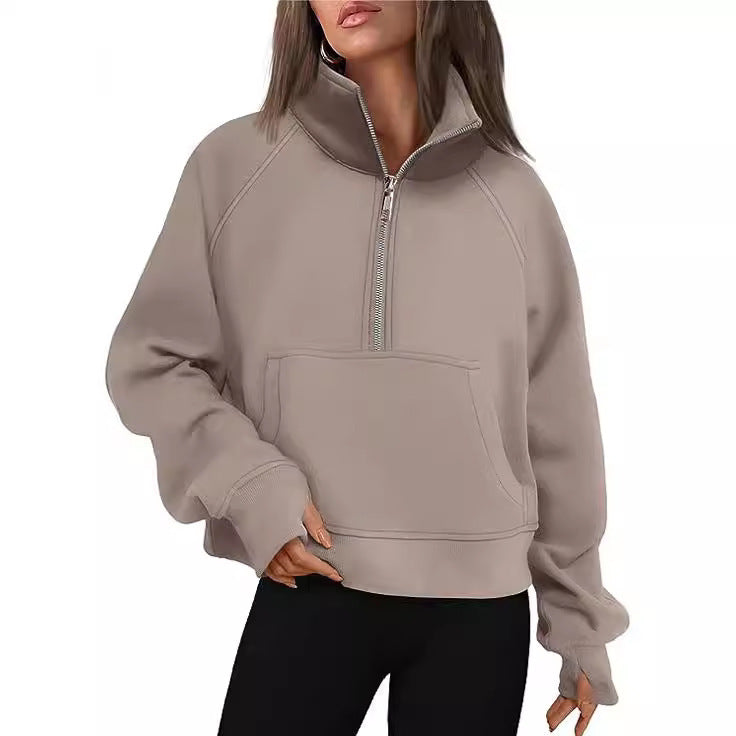 Damen nan verkürztes Oversize-Fleece-Sweat mit halbem Reißverschluss, Stehkragen, Kängurutasche und Daumenlochbündchen Drune