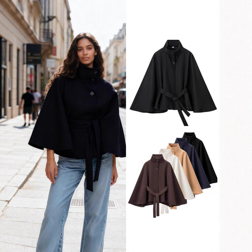 Damen Kurzer Cape-Mantel mit Stehkragen, verdeckter Knopfleiste und Bindegürtel Drune