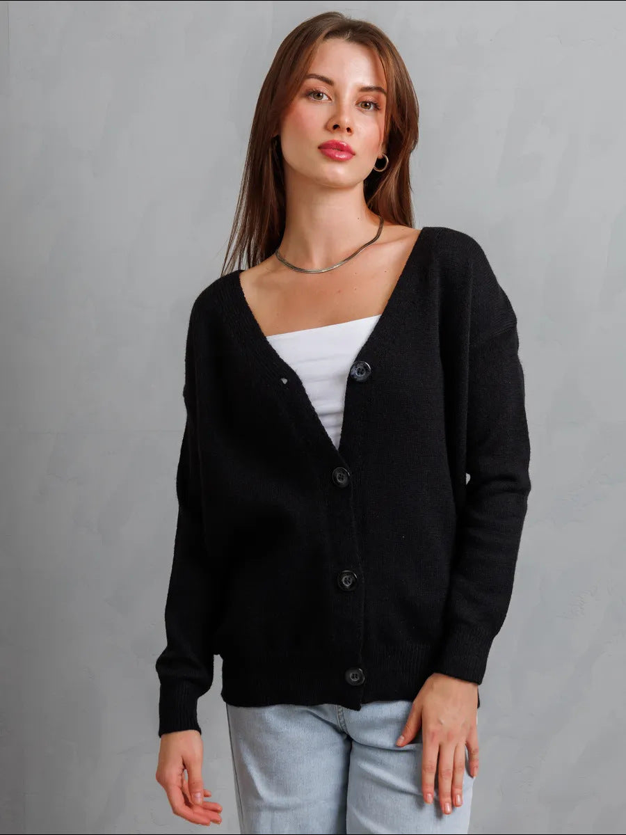 Damen Strickjacke mit Knöpfen und tiefem V-Ausschnitt Drune