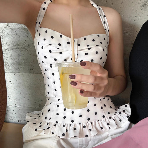 Damen Spaghetti-Träger Bluse mit attraktiven Punktmuster Drune