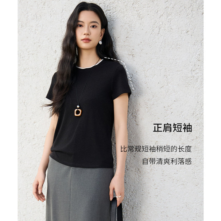 Damen Feines geripptes Kurzarm-T-Shirt aus stretchigem Baumwoll-Modal mit Rundhals Drune