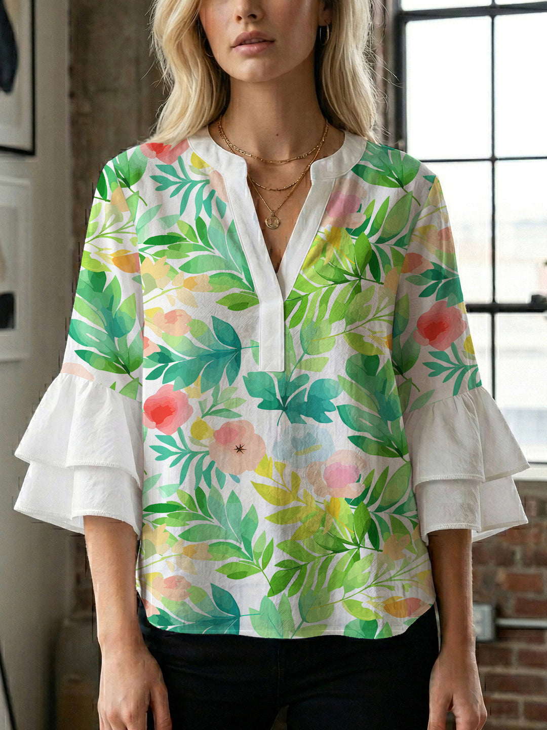 Damen Bluse mit voluminösen Ärmeln und floralem Design Drune