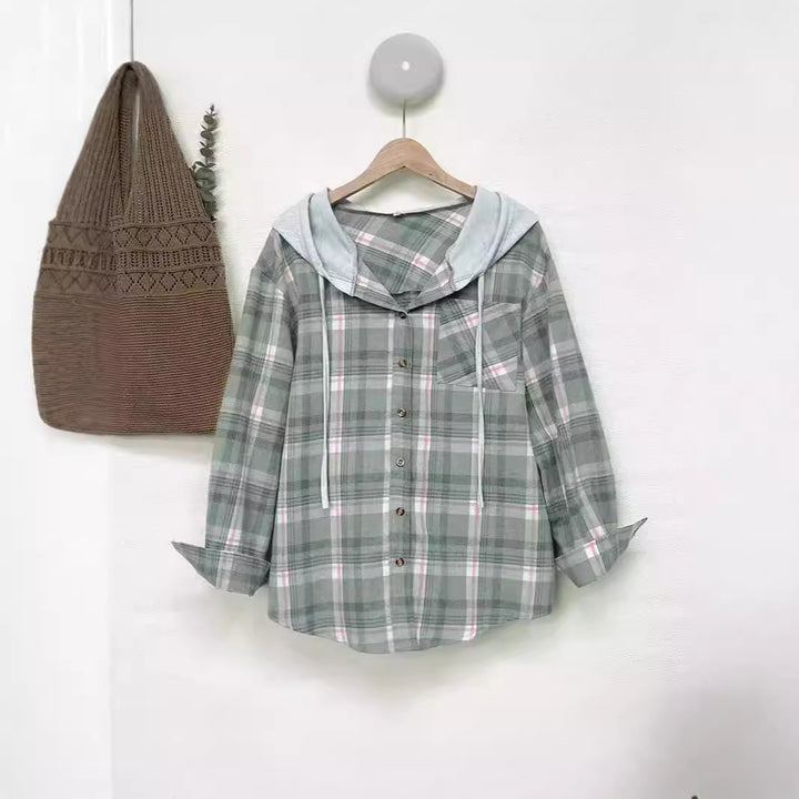 Damen nostalgische Karobluse mit Kapuze und Knopfverschluss Drune