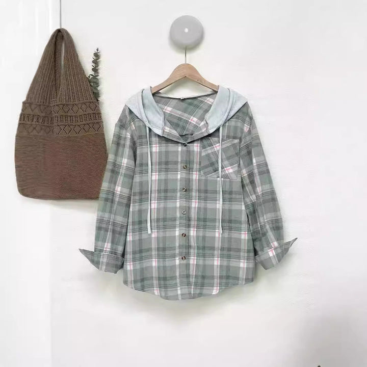 Damen nostalgische Karobluse mit Kapuze und Knopfverschluss Drune