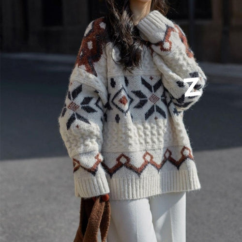 Damen Grobstrickpullover mit geometrischem Muster und Rundhalsausschnitt Drune