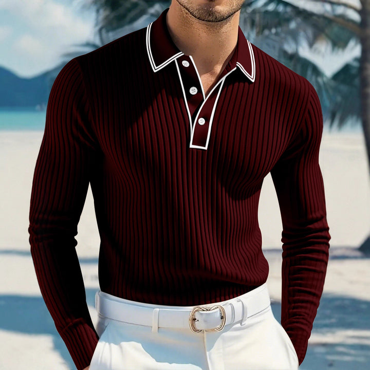 Herren nan schmal geschnittenes Rippstrick-Poloshirt mit Langarm, Kontrastpaspel und feiner Struktur Drune