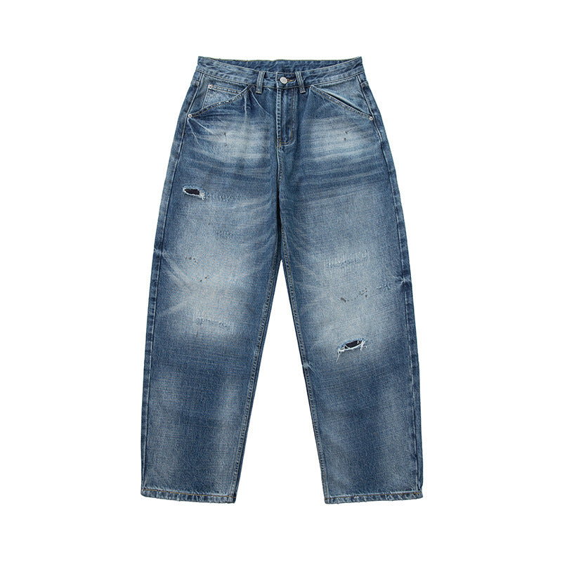 Damen locker geschnittene hochtaillierte Jeans im Used-Look mit ausgefransten Details und Ziernähten Drune