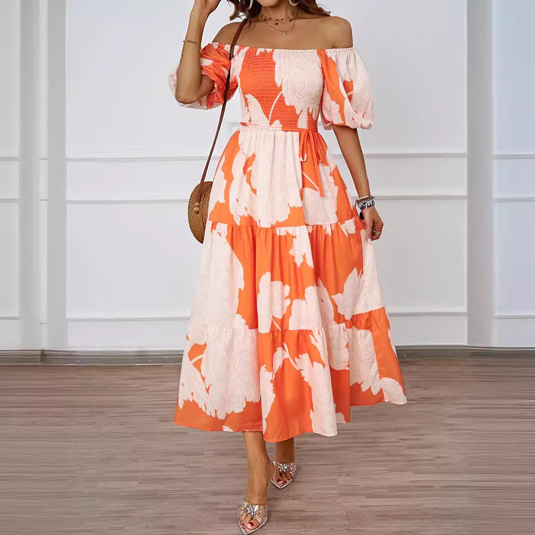 Damen Off-Shoulder Maxikleid mit voluminösen Ärmeln und print Drune