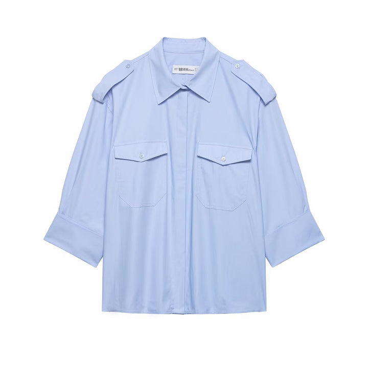 Damen Oversize-Hemdbluse im Utility‑Stil mit Epauletten und Pattentaschen Drune