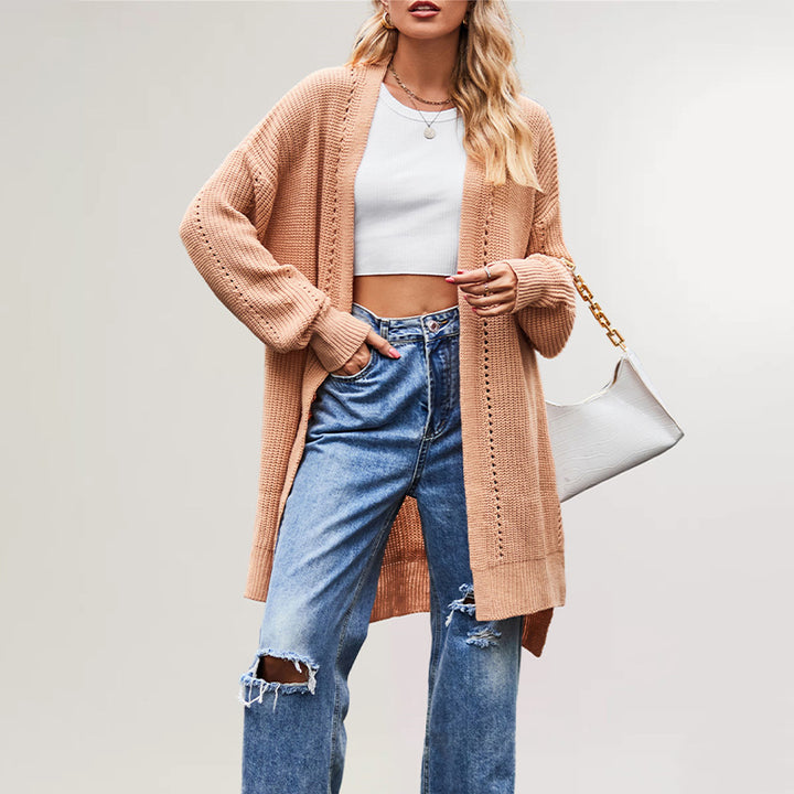 Damen lässige Strickjacke mit offenem Design und weiten Ärmeln Drune