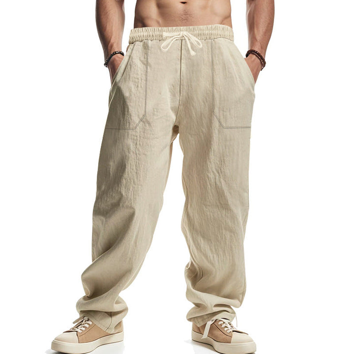 Herren lässige Leinenhose mit seitlichen Taschen und elastischem Bund Drune
