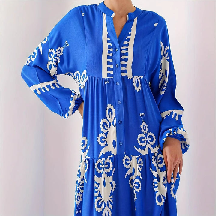 Damen langes Kaftankleid mit floralen Akzenten und Knopfleiste Drune