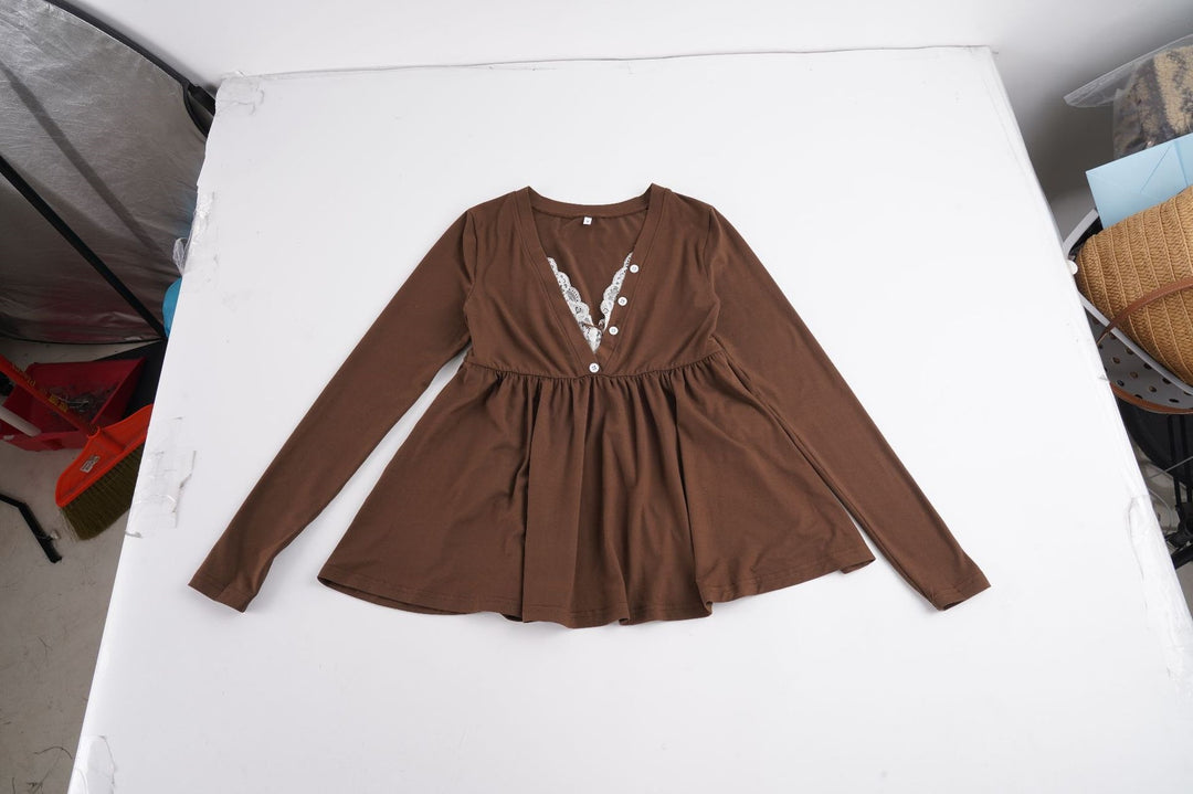 Damen Babydoll-Longsleeve mit Spitzen‑Einsatz, V‑Ausschnitt und Knopfdetail Drune