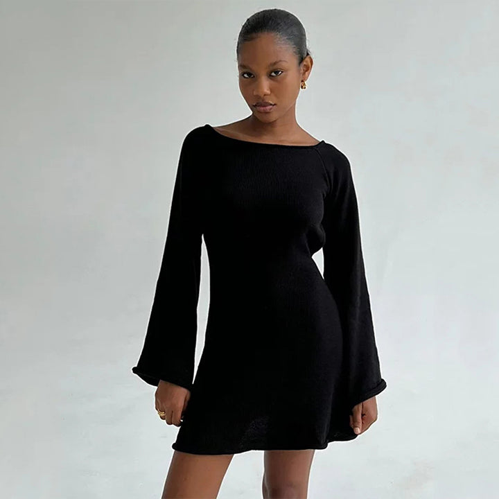 Damen Figurbetontes Feinstrick-Minikleid mit ausgestellten Trompetenärmeln Drune