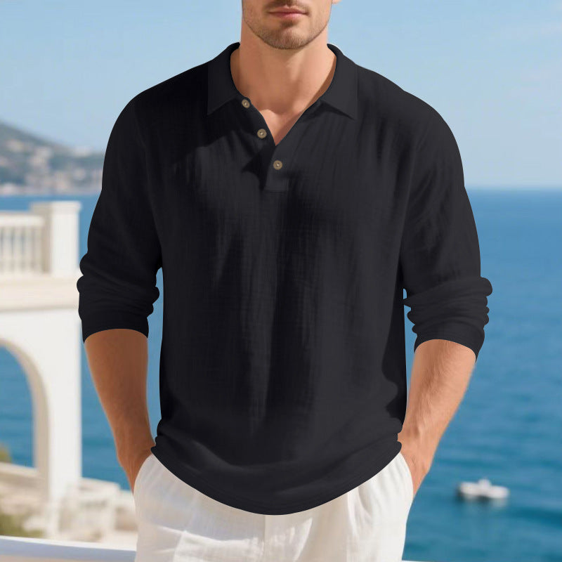 Herren nan Musselin-Langarm-Poloshirt mit Hemdkragen, kurzer Knopfleiste und natürlicher Knopfoptik Drune