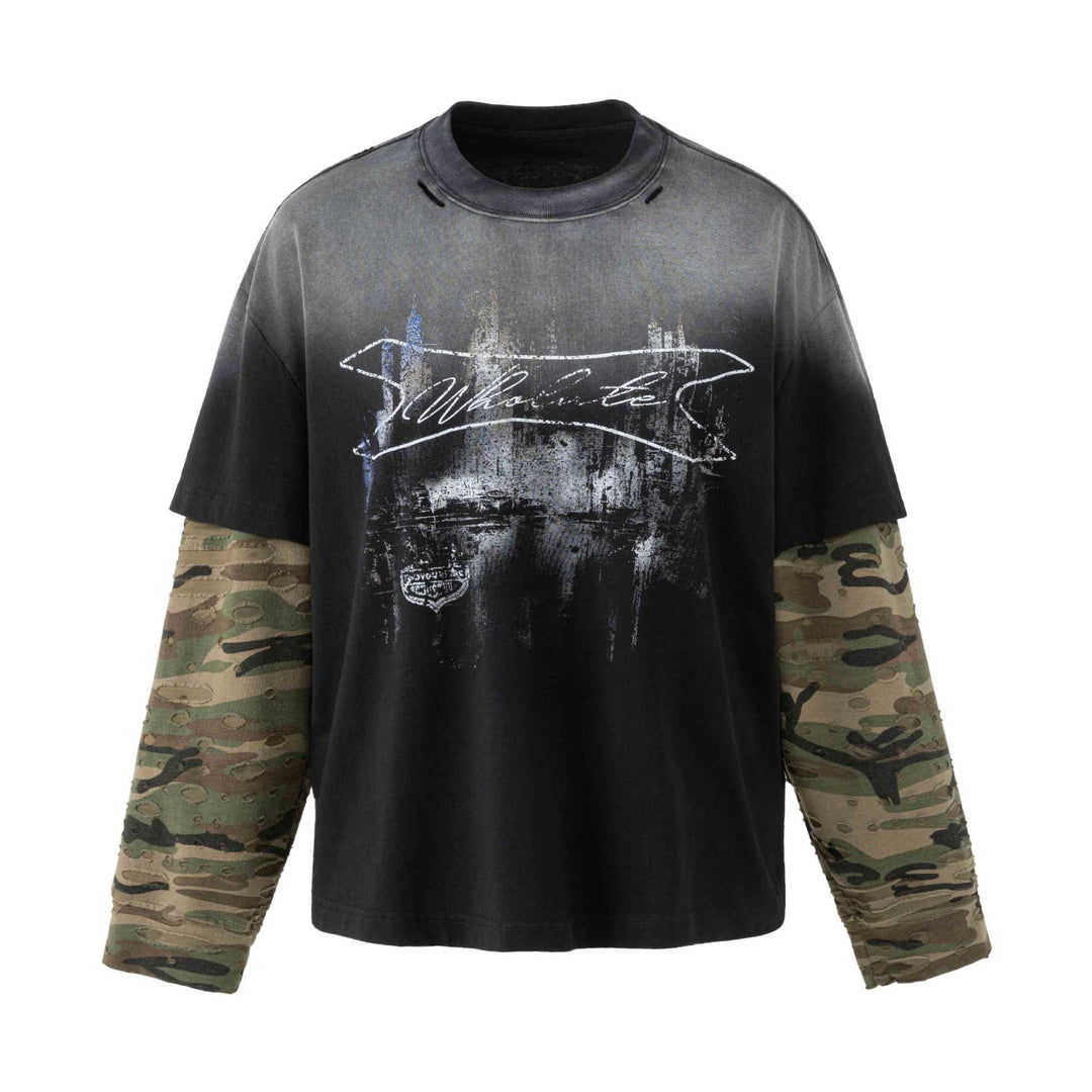Herren weit geschnittenes Lagenlook T-Shirt mit Used-Effekt und Camouflage-Ärmeln Drune