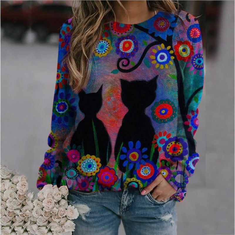 Damen Oversized-Sweatshirt mit künstlerischem Katzen-Print und floraler Musterung Drune