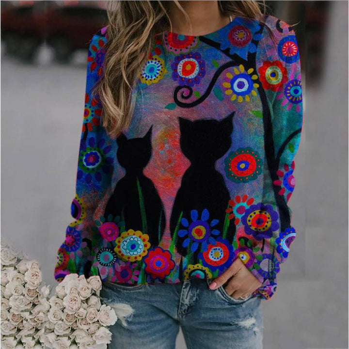 Damen Oversized-Sweatshirt mit künstlerischem Katzen-Print und floraler Musterung Drune