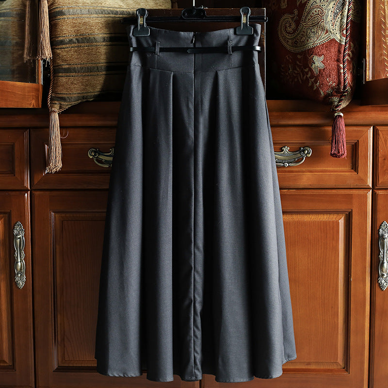 Damen Hochtaillierter ausgestellter Midirock mit Kellerfalten, Taillenband und Ziergürtel Drune