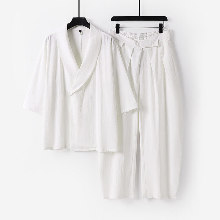 Damen Zweiteiliges Kimono-Loungewear-Set mit Schalkragen Kurzarm-Oberteil und hochtaillierter Plissee-Hose Drune