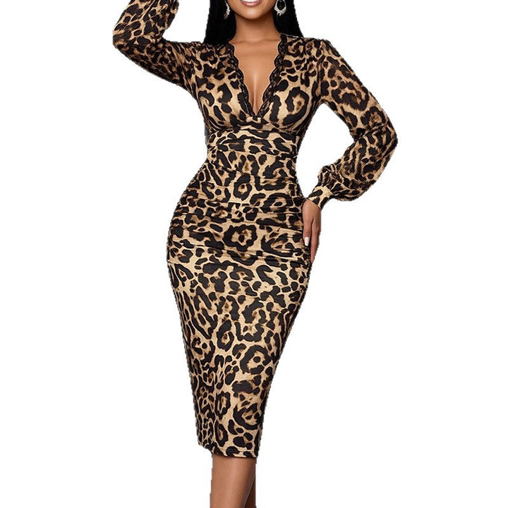 Damen Figurbetontes Kleid mit tierischem Muster und elegantem V-Ausschnitt Drune