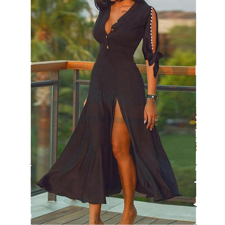 Damen nan Maxikleid im Abendlook mit tiefem V-Ausschnitt, hohen Frontschlitzen und geknoteten Cut-Out-Ärmeln Drune