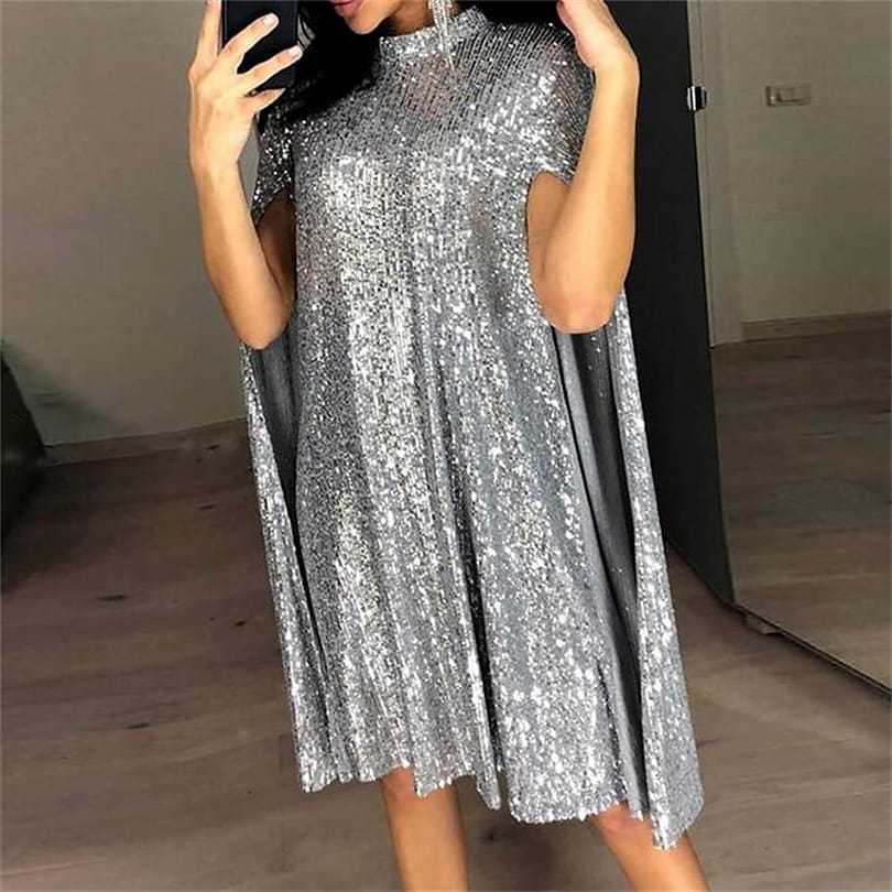Damen Glamouröses Paillettenkleid mit Cape-Ärmeln Drune