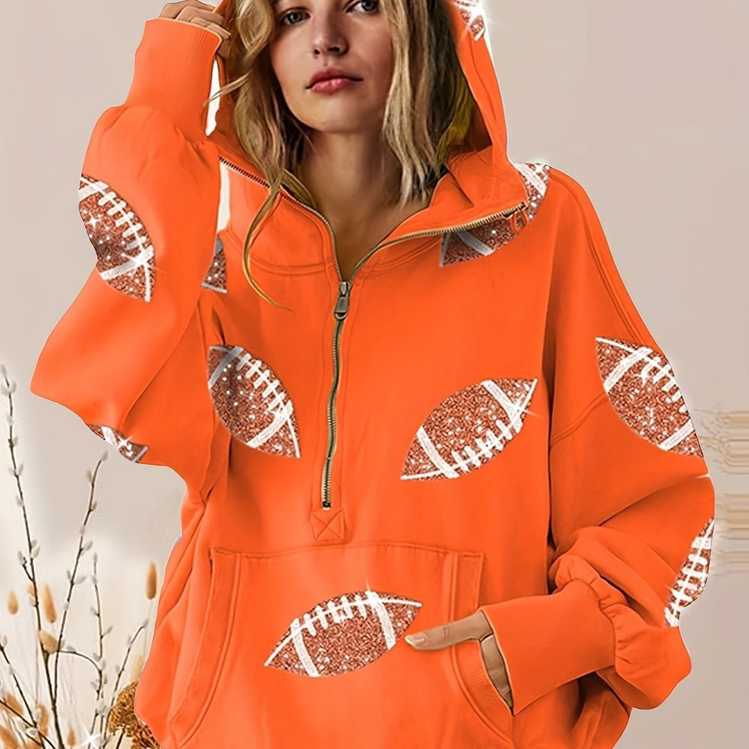 Damen Oversized Kapuzenpullover mit halbem Reißverschluss und Pailletten‑Football-Applikation Drune